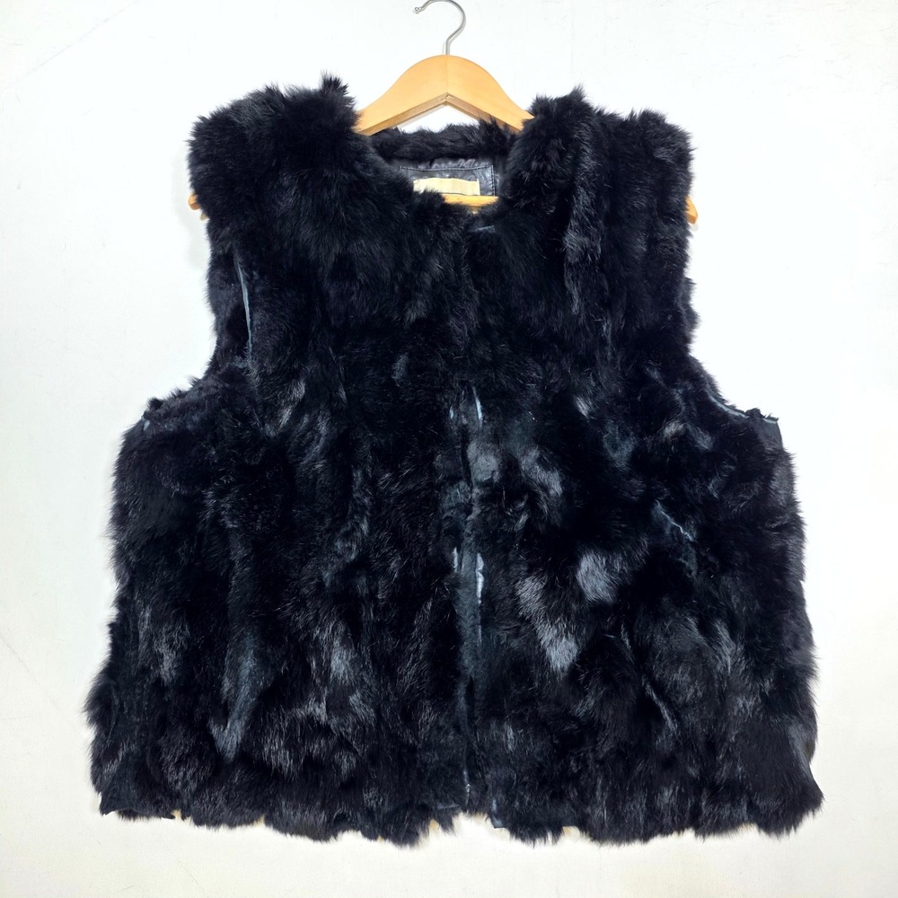 Carrie Allen Fur Vest Women XL Black Genuine Rabbit Fur Sleeveless Jacket Luxury